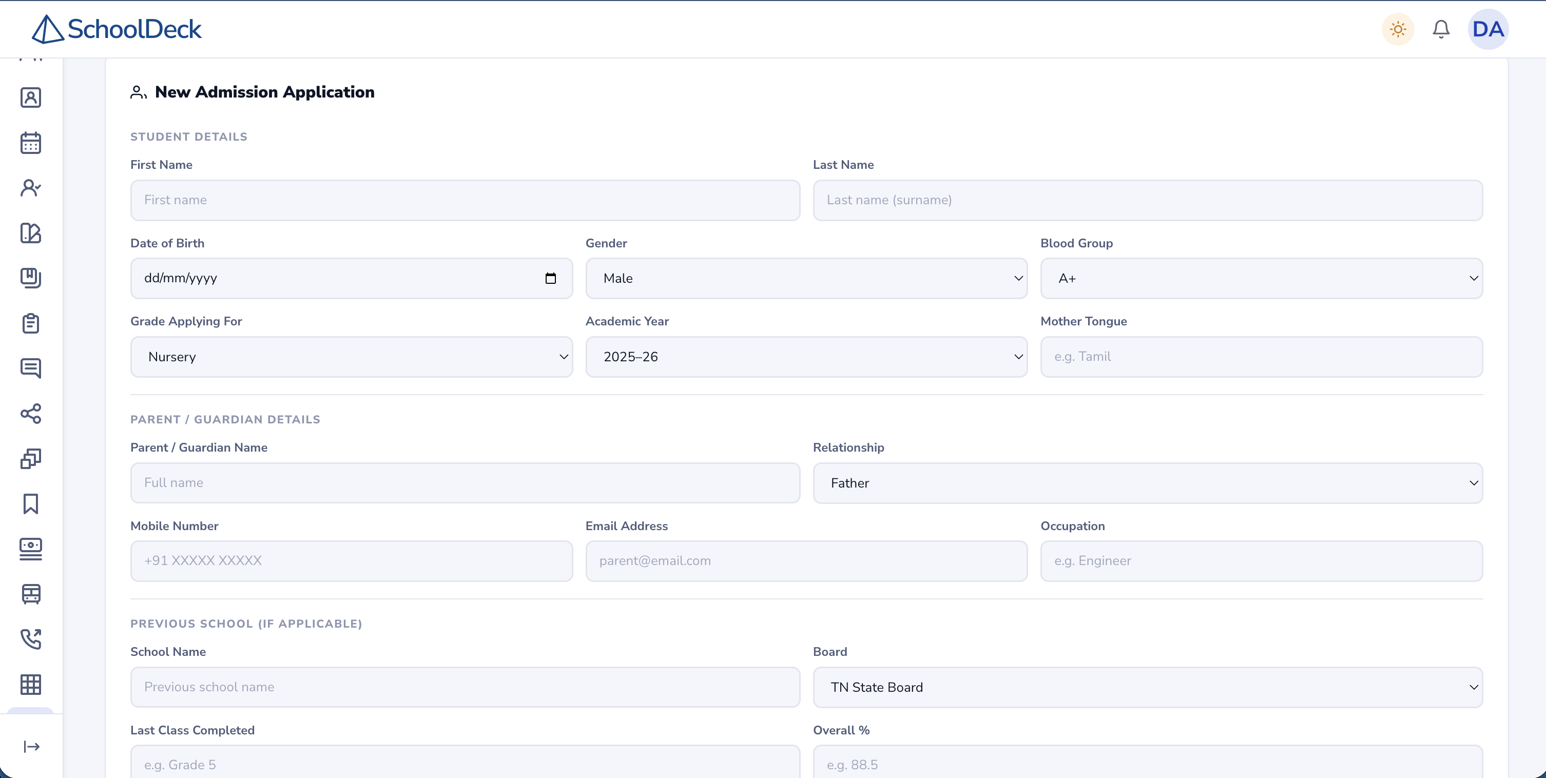 Digital online admission application form with custom fields, document upload and UPI payment integration for Indian schools
