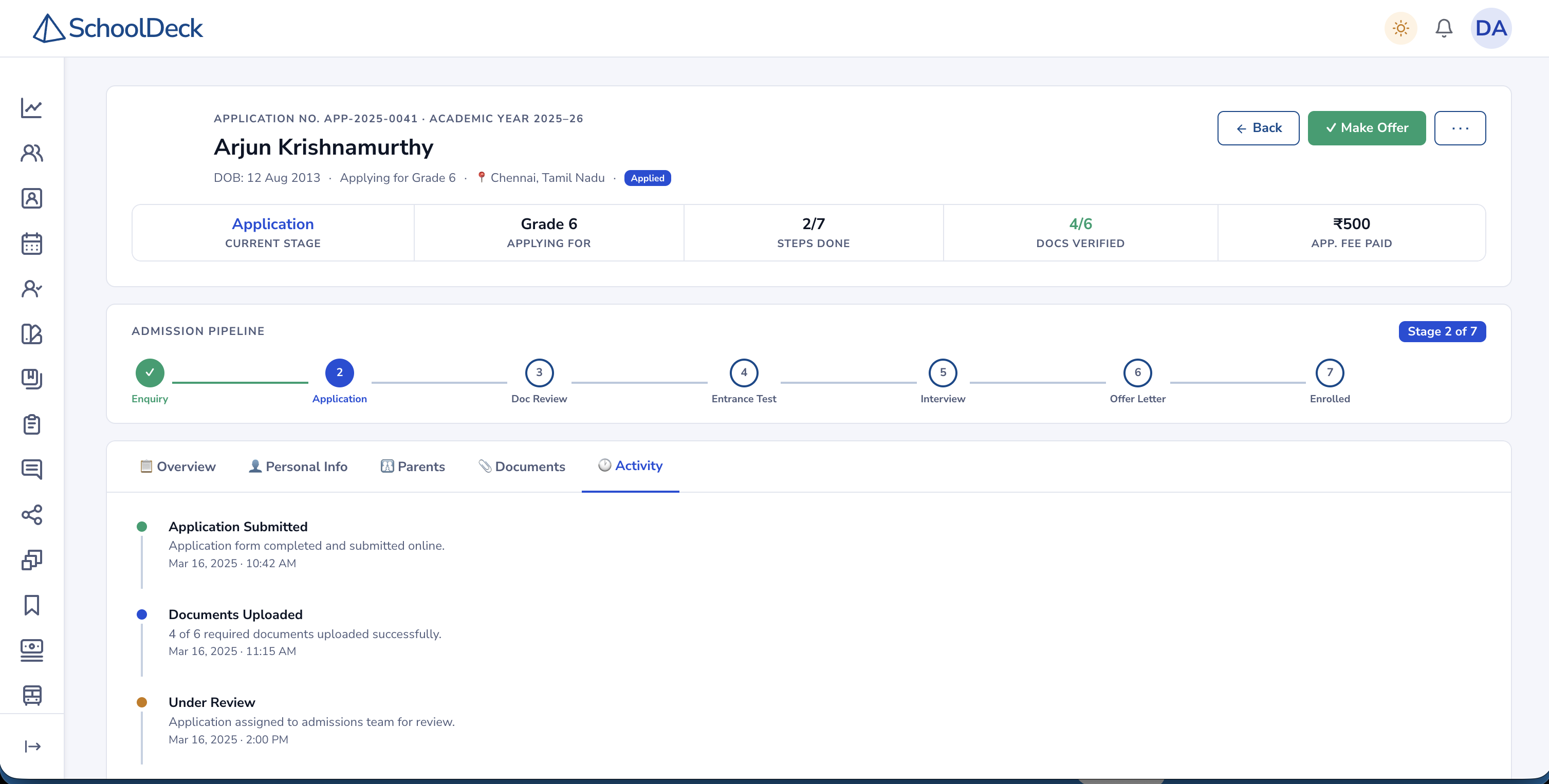 SchoolDeck admission CRM dashboard showing lead pipeline stages — New, Interested, Form Sold, Interview, Admitted