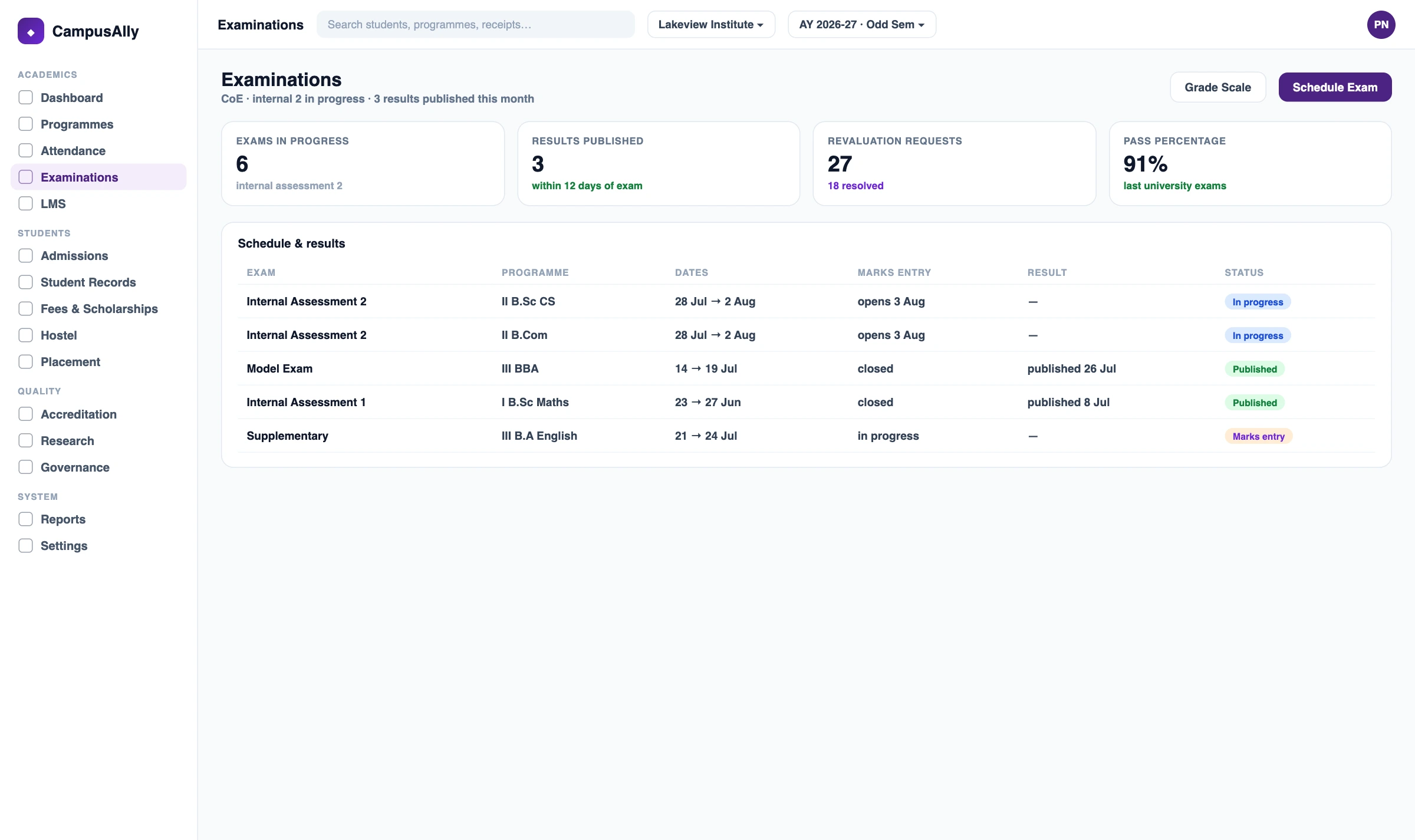 CampusAlly examination management for autonomous colleges: internal schedules, marks entry and published results