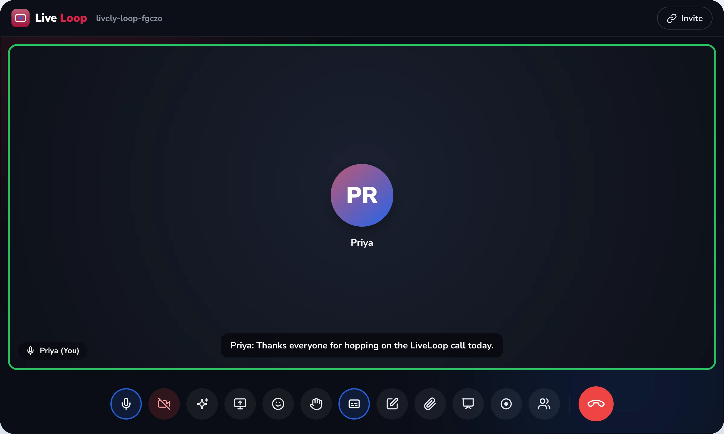 LiveLoop live captions: spoken words transcribed in real time at the bottom of the call frame