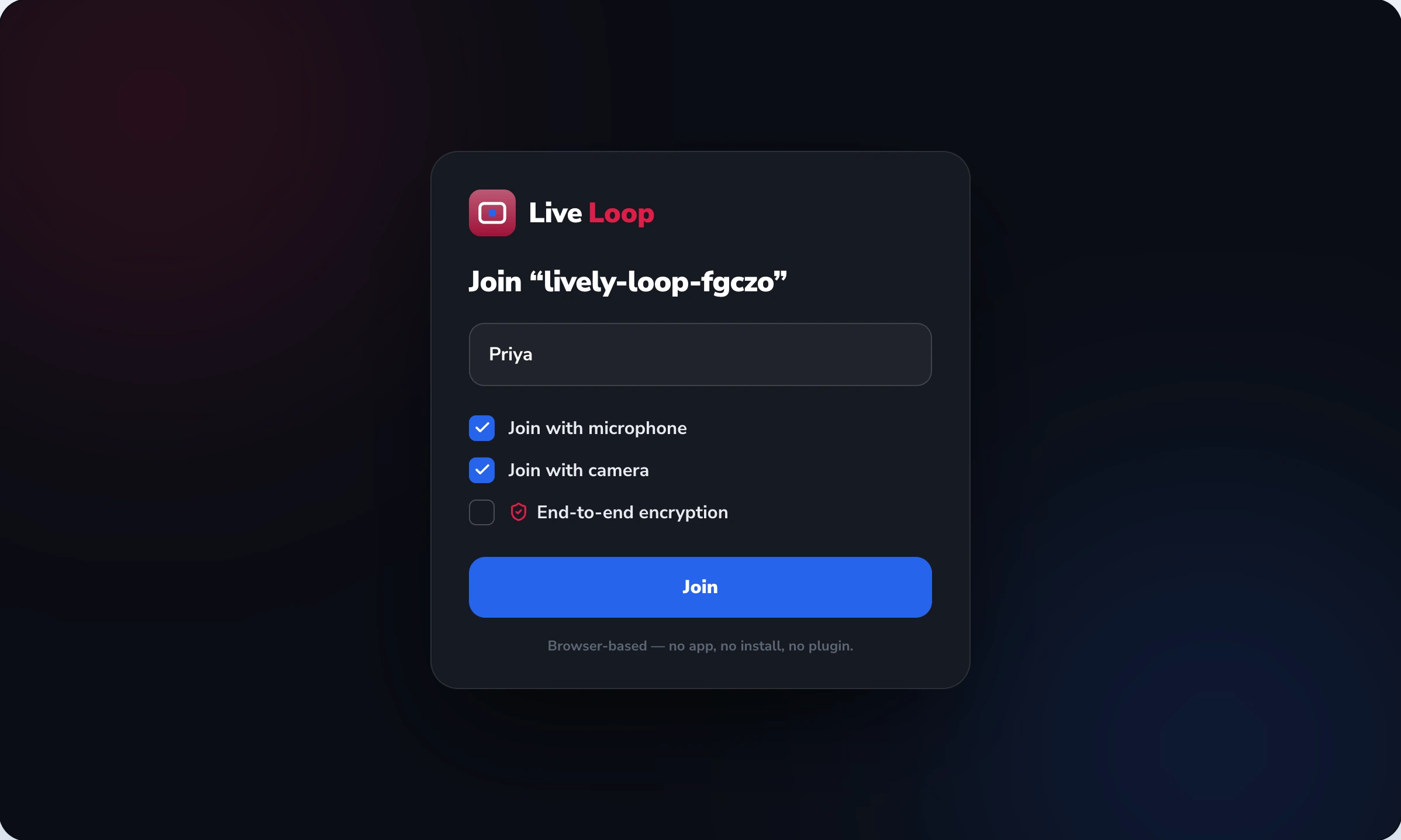 LiveLoop join screen with end-to-end encryption toggle and device permissions chosen before entering the room