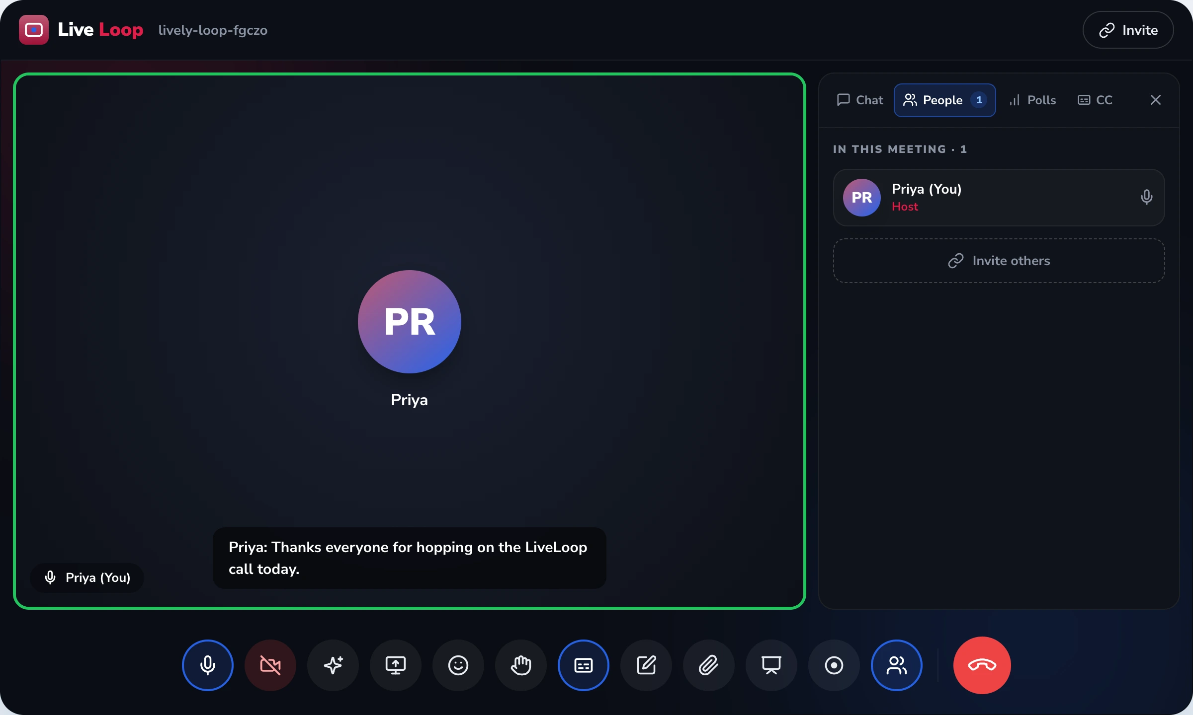 LiveLoop event roster: People panel with host role and invite link inside a virtual event room