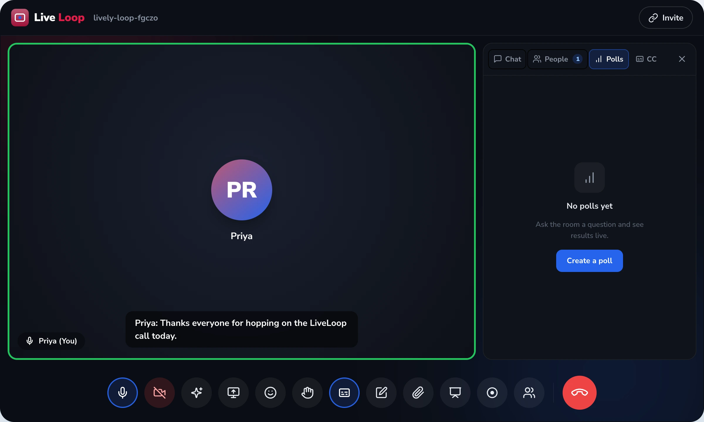 LiveLoop engagement panel: Polls tab open beside chat, people and captions in a live class