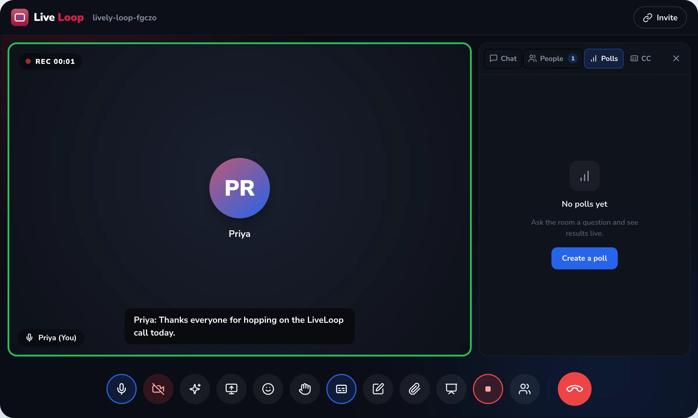 LiveLoop session being recorded: the REC indicator on the live call that becomes the on-demand copy