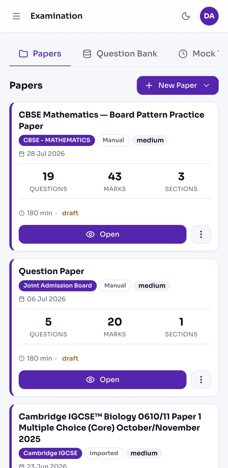 PaperDeck mobile papers view: generated question papers with marks and durations, ready to open anywhere