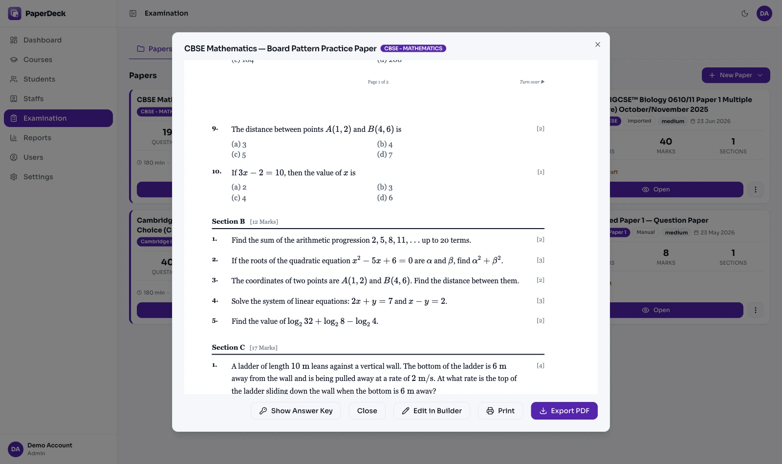 A full-length generated CBSE Mathematics paper open in PaperDeck showing sectioned questions with per-question marks