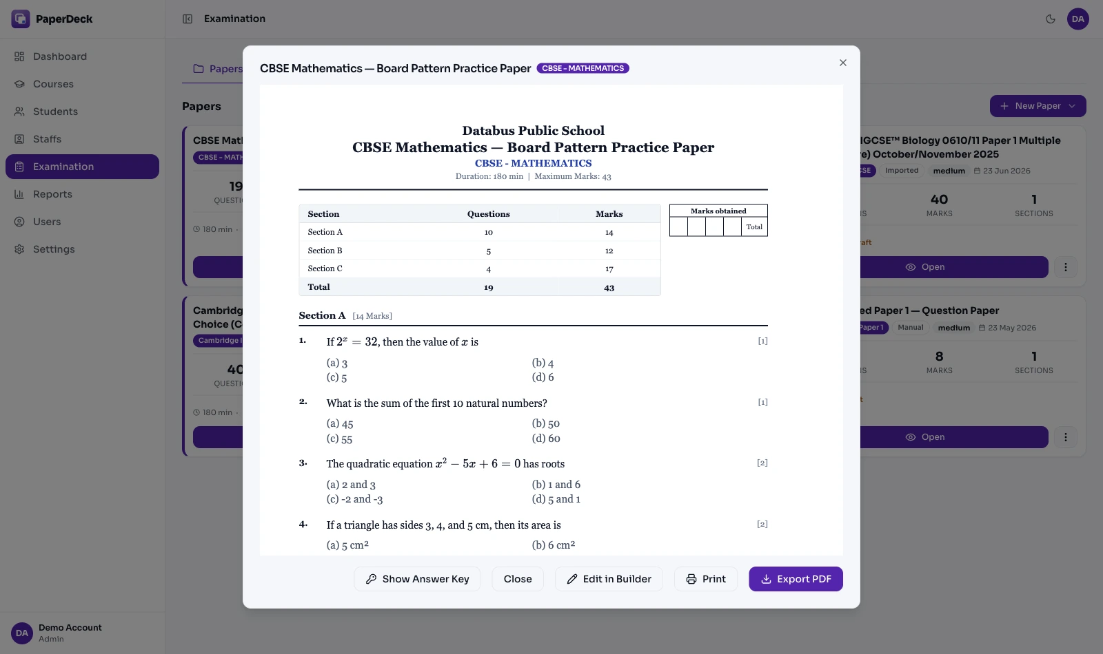 A generated paper in PaperDeck with the Show Answer Key control visible beside print and PDF export