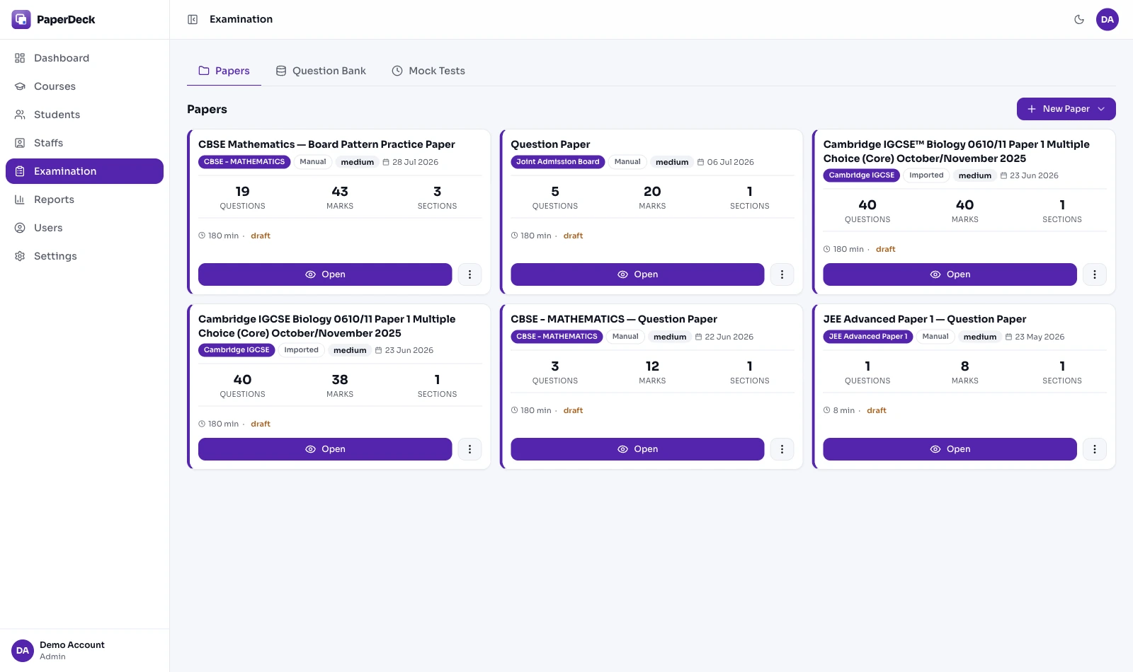 The PaperDeck papers library: generated question papers across boards with question counts, marks, sections and durations