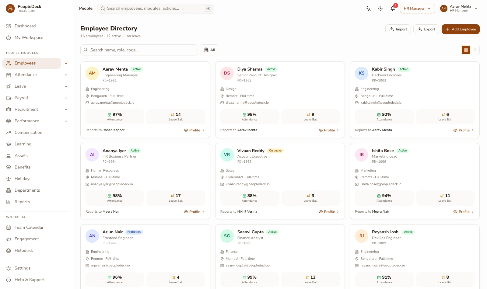 PeopleDeck employee directory with departments, roles and statutory identifiers in one searchable master