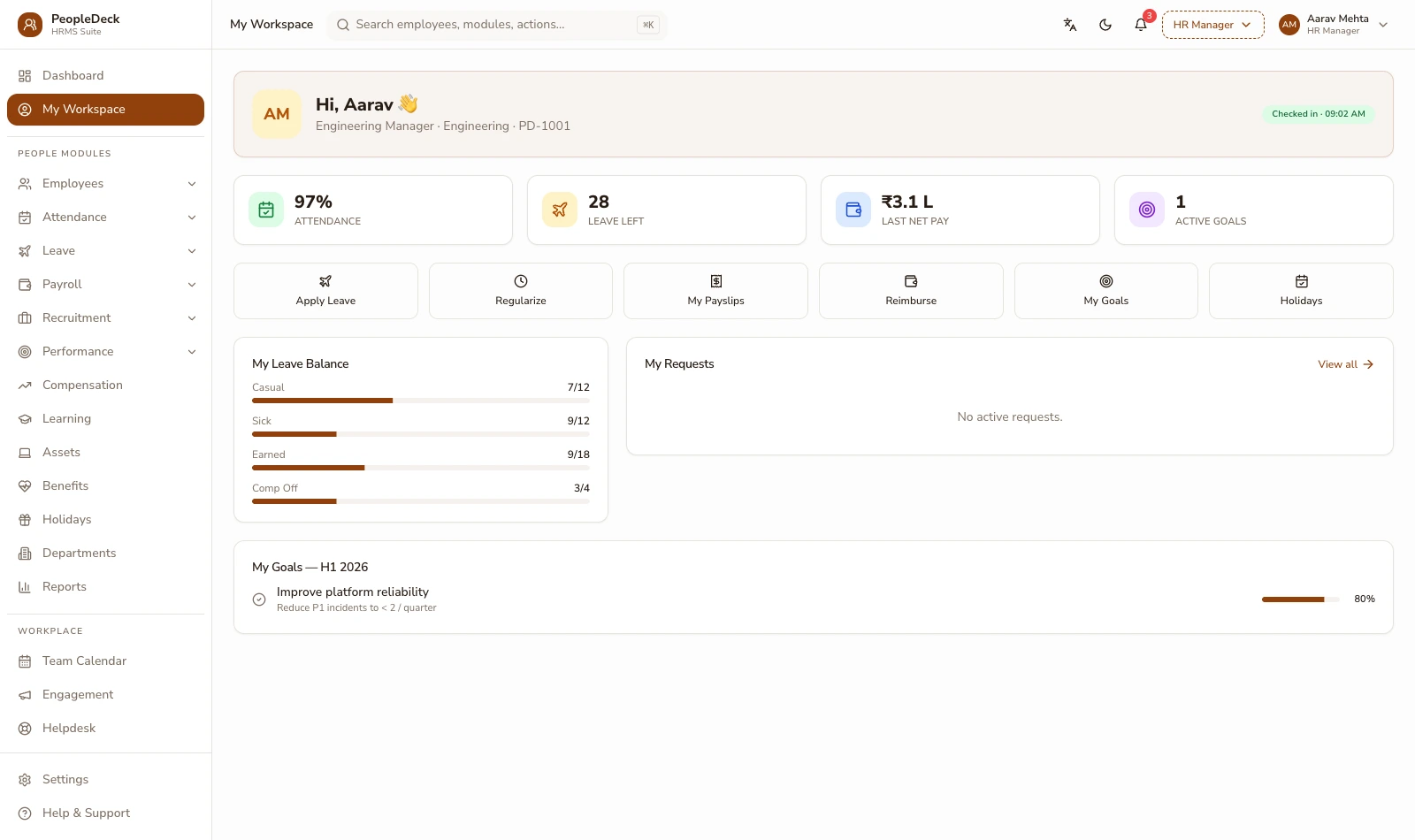 PeopleDeck employee self-service workspace showing payslips, leave balances and pending requests