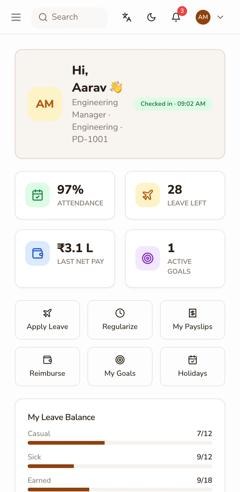 PeopleDeck mobile workspace: payslips, balances and requests for a remote employee's phone