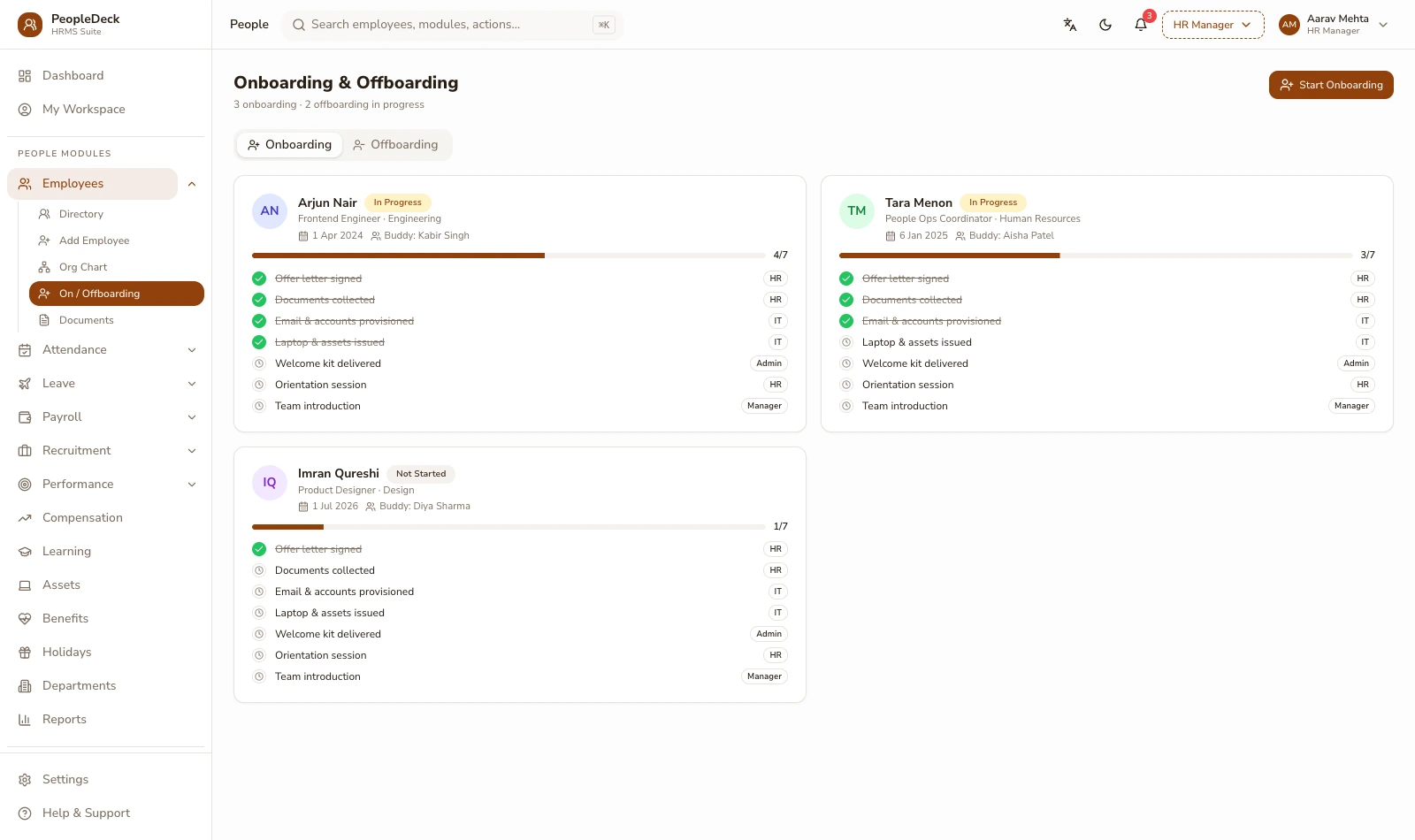 PeopleDeck onboarding board processing a batch of seasonal warehouse joiners with checklists per hire