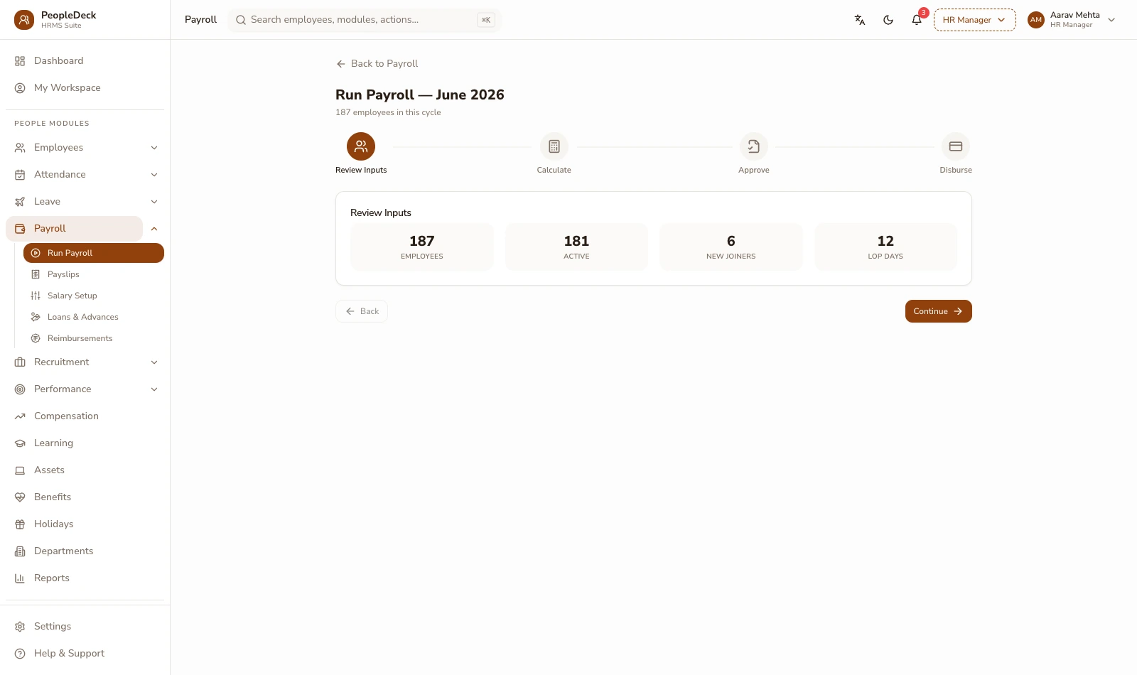 PeopleDeck payroll run screen computing wages, statutory deductions and variances step by step, replacing spreadsheet formulas