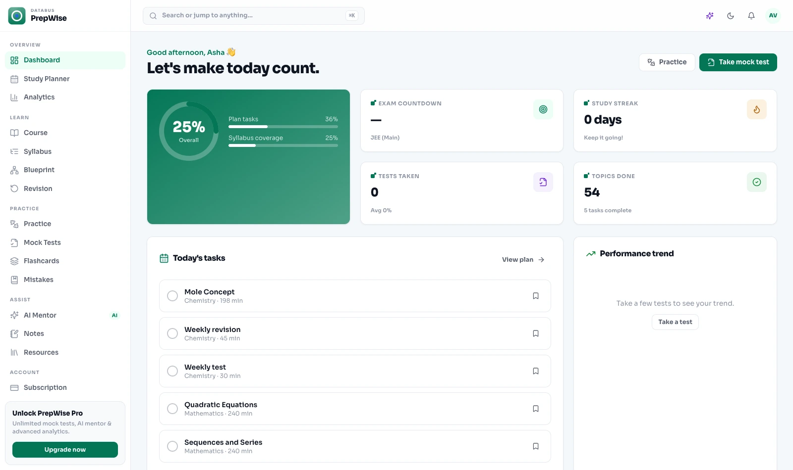 The PrepWise dashboard: today's tasks, plan progress, exam countdown and streak for a JEE aspirant's real day