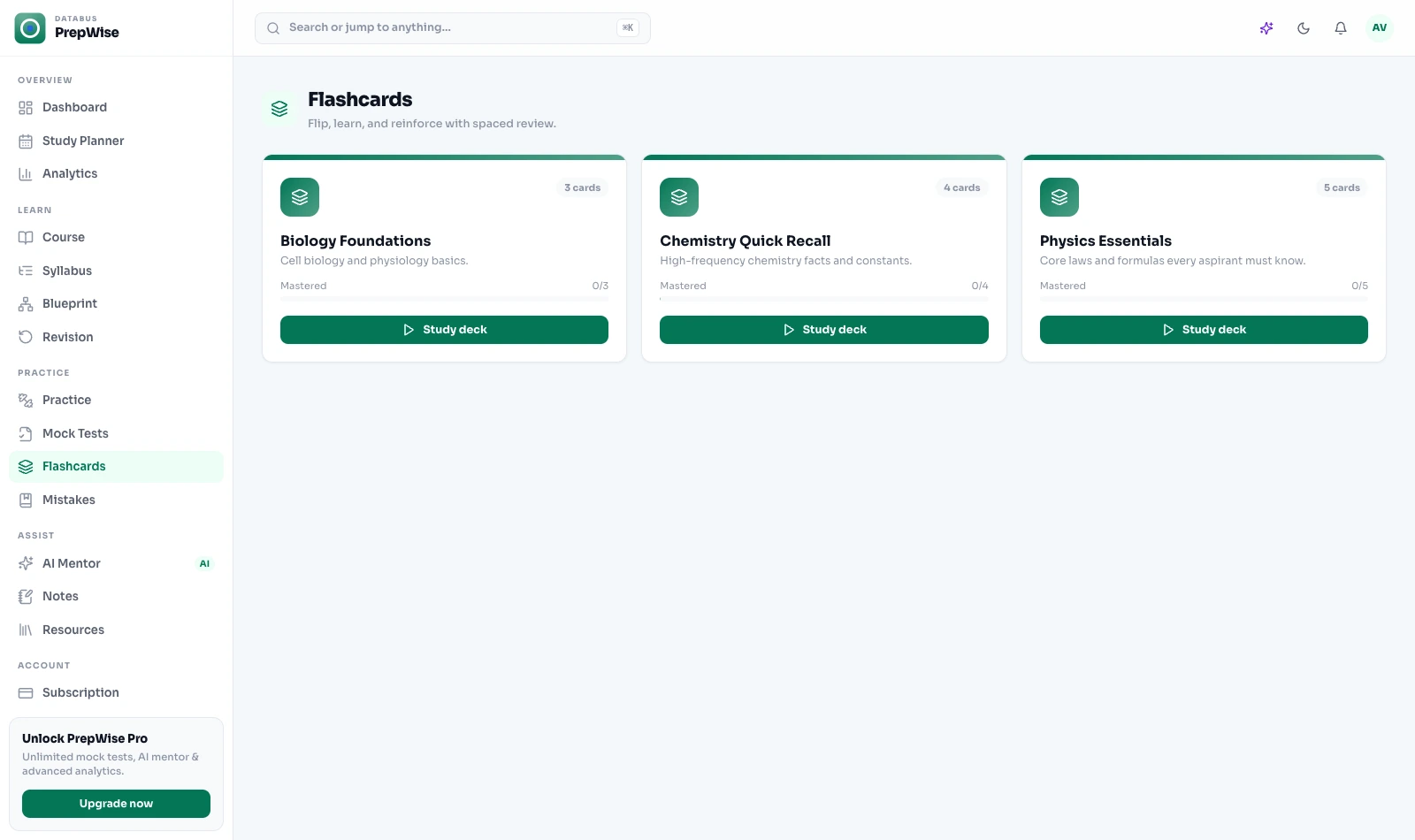 PrepWise flashcards: spaced-repetition decks built from the syllabus, reviewed in minutes a day