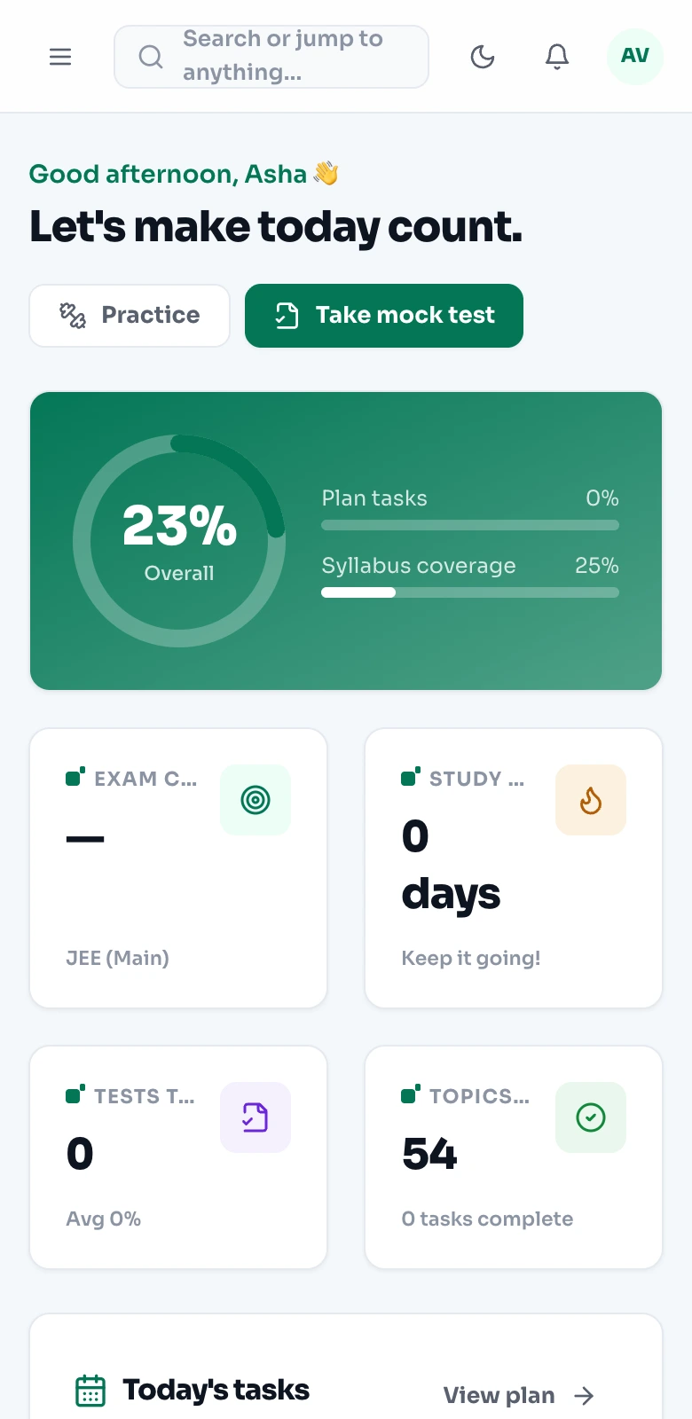 PrepWise mobile dashboard: today's tasks, streak and exam countdown on a phone, built for preparation that travels with a working day