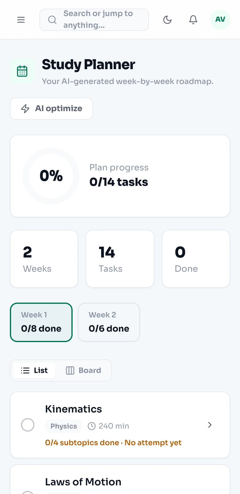 PrepWise mobile study planner: the week's chapters and revision tasks checked off from a phone