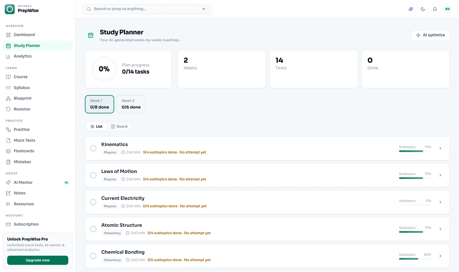 PrepWise study planner: an AI-generated week-by-week roadmap with physics and chemistry chapters, time estimates and completion tracking