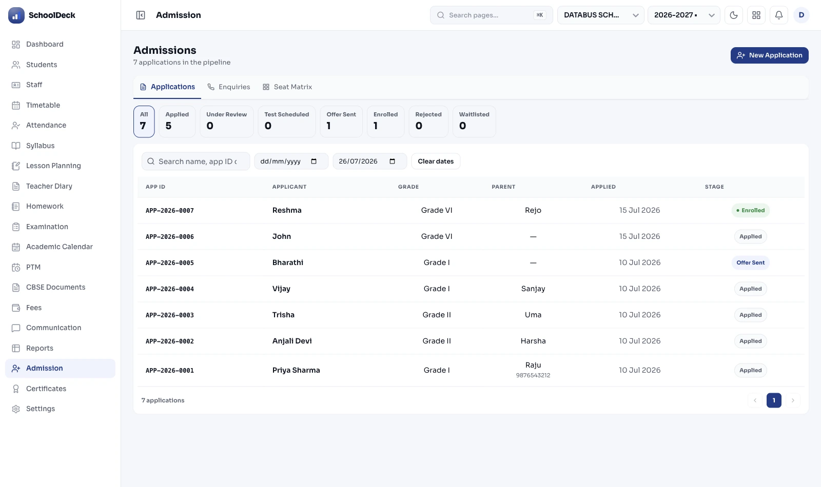 SchoolDeck admissions pipeline showing applications progressing from applied to offer sent and enrolled