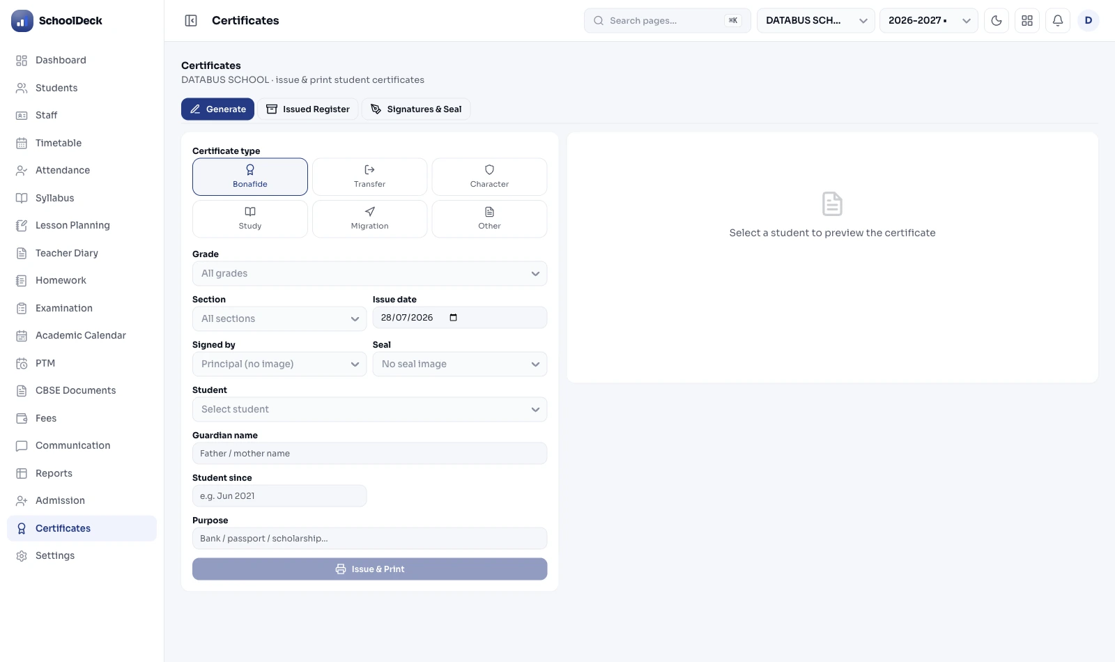 SchoolDeck certificates screen: bonafide, transfer, character, study and migration certificates issued and printed per student