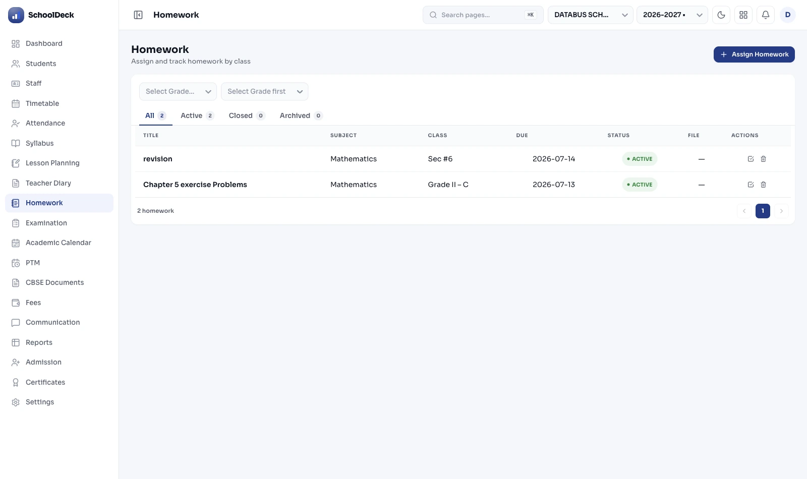 SchoolDeck homework tracker: assignments by subject and class with due dates and active status