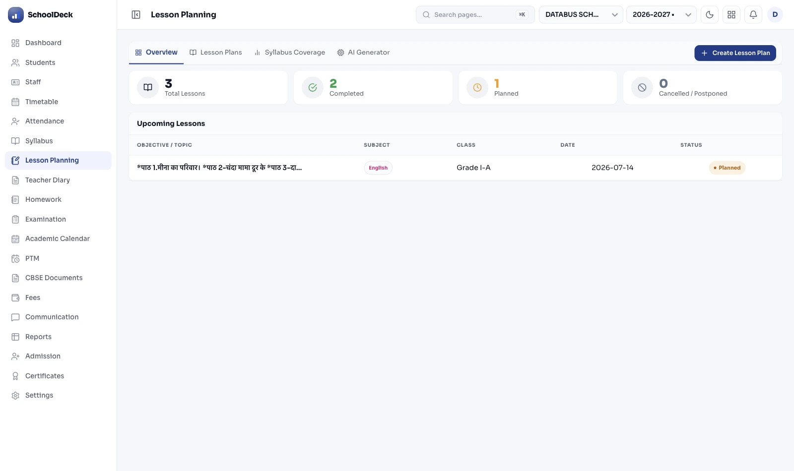 SchoolDeck lesson planning: planned and completed lessons per teacher, class and subject in one tracker