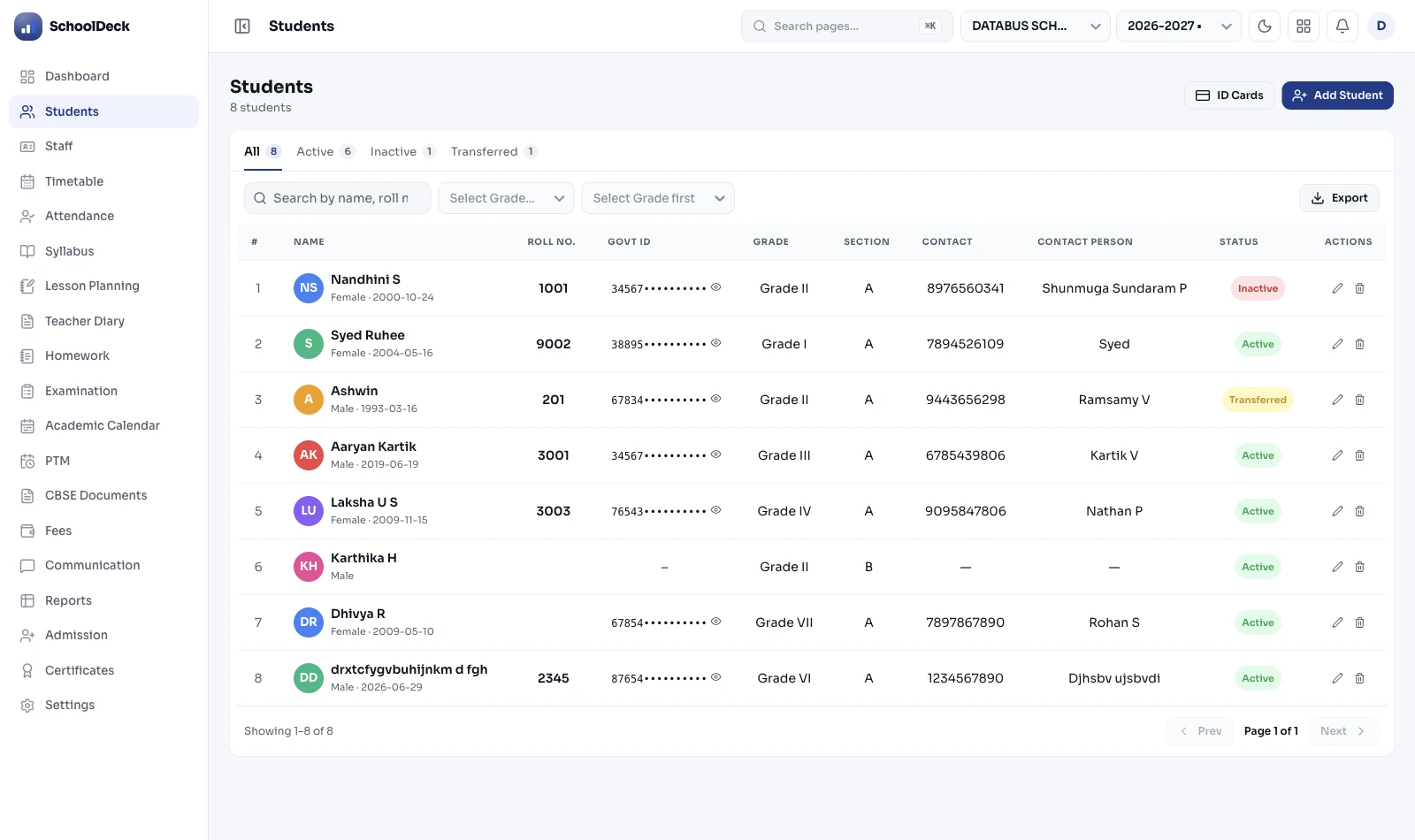 SchoolDeck student information system: student roll with guardians, contact details, grades, sections and status filters