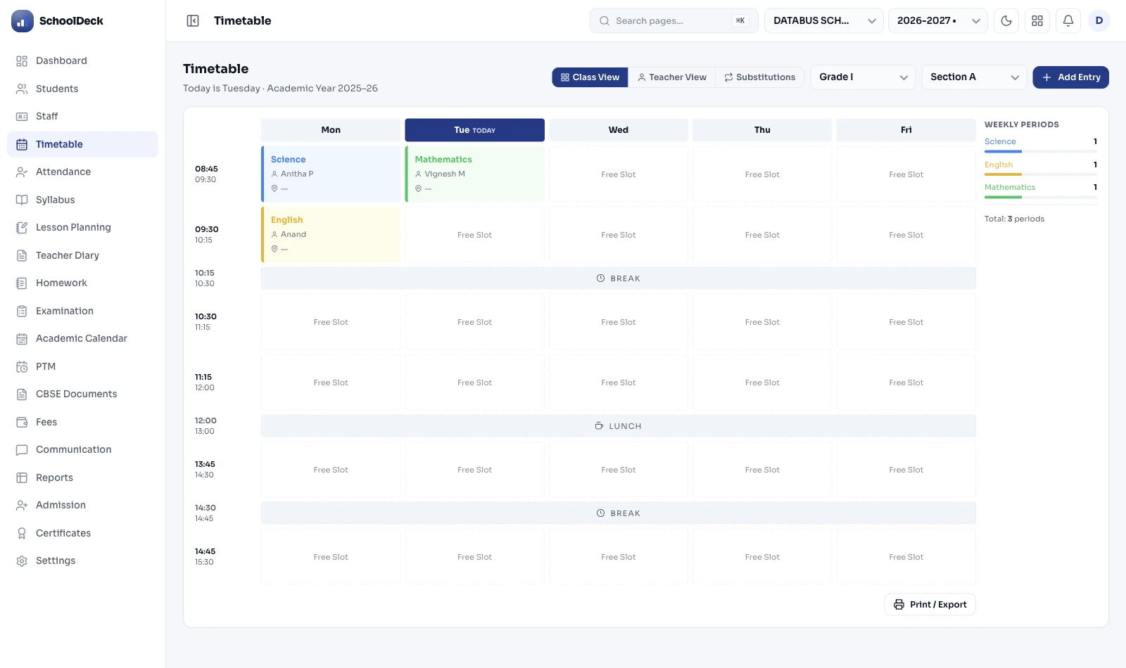 SchoolDeck timetable scheduling: class and teacher views with substitutions, periods, breaks and export