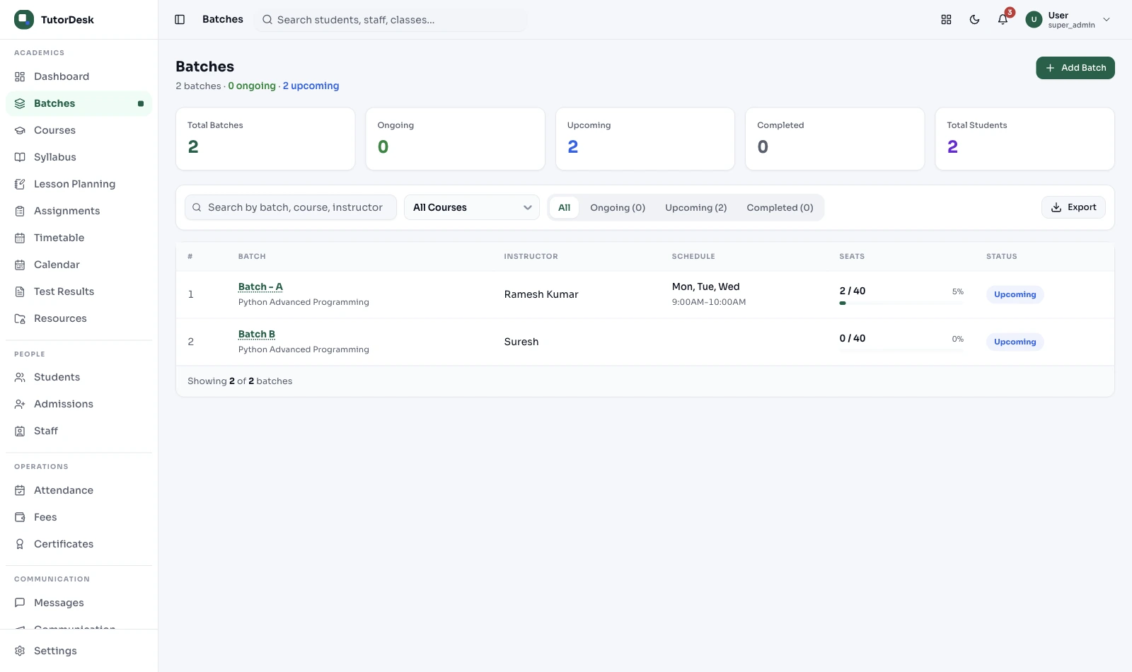 TutorDesk batches view with seats filled against capacity, instructor and schedule per batch