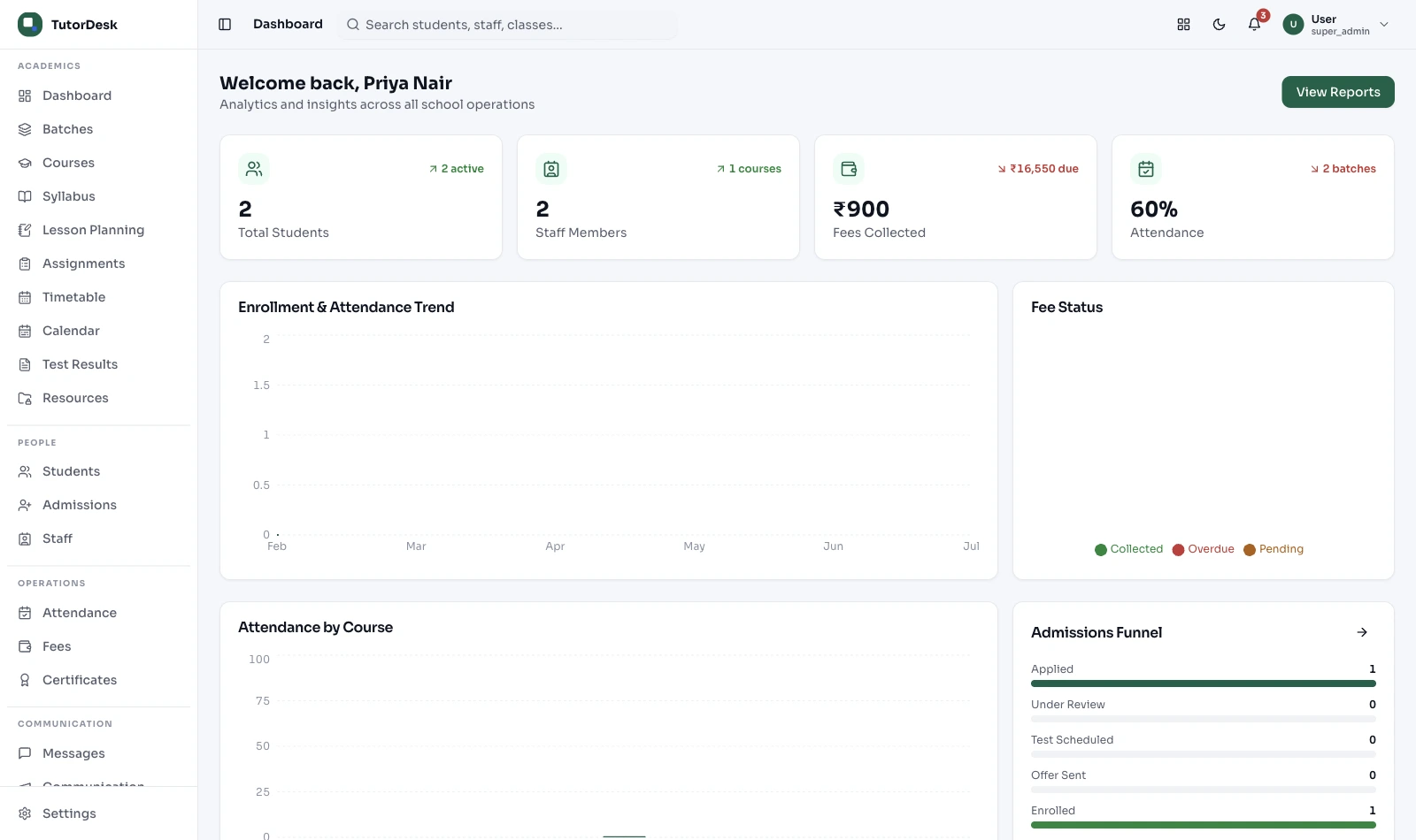 TutorDesk dashboard for a STEM academy: students, fees collected, attendance and enquiry pipeline