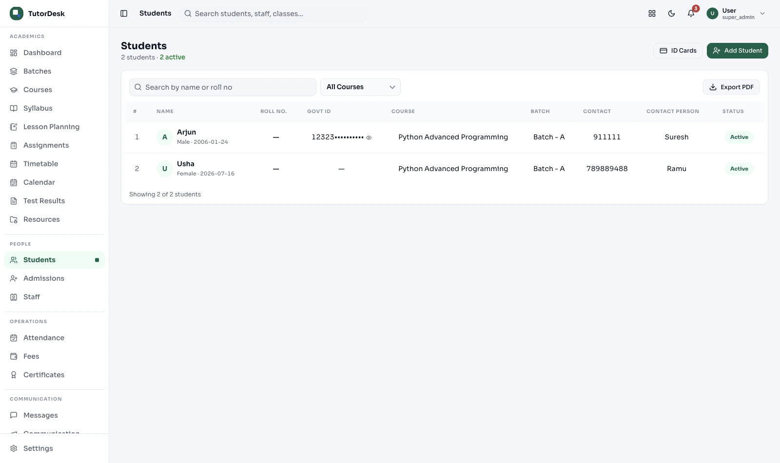 TutorDesk student records: roster with course, batch, guardian contact and status per student